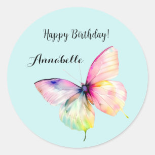 Delicate roze vlinder in pastel regenboog kleuren ronde sticker