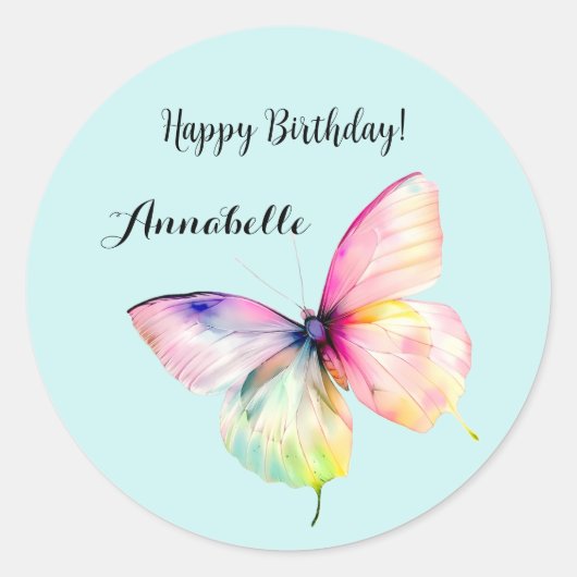 Delicate roze vlinder in pastel regenboog kleuren ronde sticker (Voorkant)