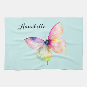 Delicate roze vlinder in pastel regenboog kleuren theedoek