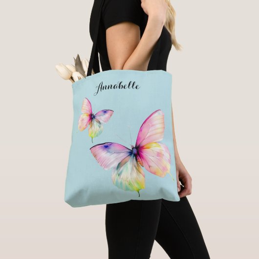 Delicate roze vlinder in pastel regenboog kleuren tote bag (Dichtbij)