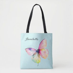 Delicate roze vlinder in pastel regenboog kleuren tote bag