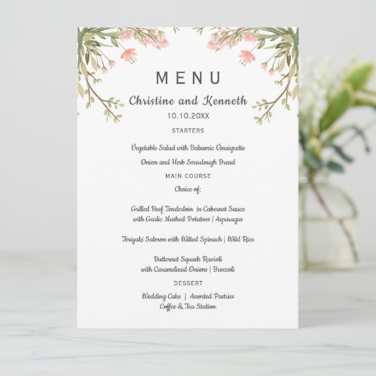 Delicate roze weide bloemen Bruiloft of Feest Menu (Staand voorkant)