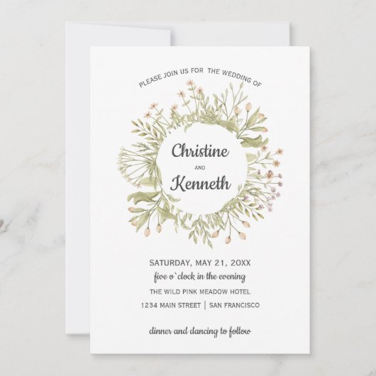 Delicate roze wilde bloemen met botanische bruilof kaart (Voorkant)