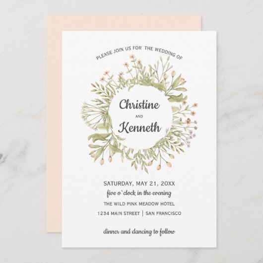 Delicate roze wilde bloemen met botanische bruilof kaart (Voorkant / Achterkant)