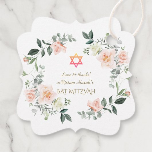 Delicate Roze Witte Bloemen Bat Mitzvah Bedankjes Labels (Achterkant)