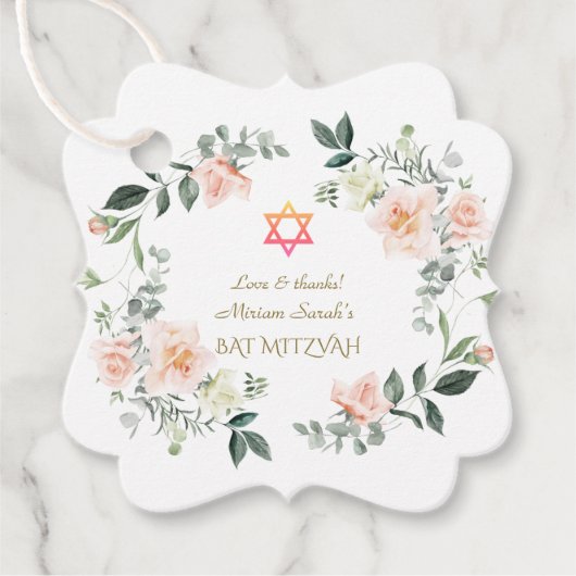 Delicate Roze Witte Bloemen Bat Mitzvah Bedankjes Labels (Voorkant)