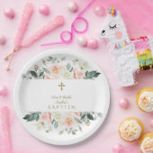 Delicate Roze Witte Bloemen Gouden Meisje Doop Papieren Bordje (Feest)