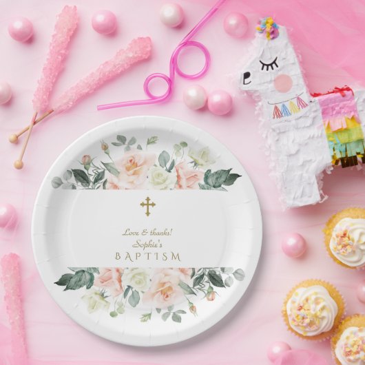Delicate Roze Witte Bloemen Gouden Meisje Doop Papieren Bordje (Feest)