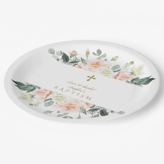 Delicate Roze Witte Bloemen Gouden Meisje Doop Papieren Bordje (Gekanteld)