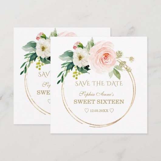 Delicate Roze Witte Bloemen Gouden Sweet Sixteen Save The Date (Voorkant / Achterkant)