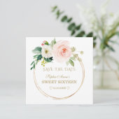 Delicate Roze Witte Bloemen Gouden Sweet Sixteen Save The Date (Staand voorkant)