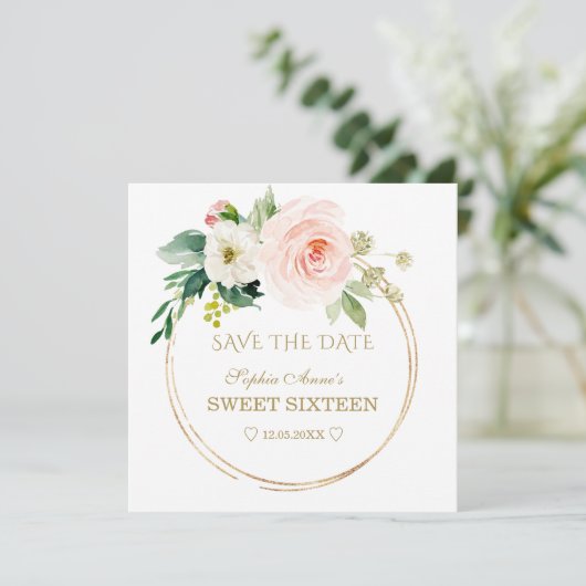 Delicate Roze Witte Bloemen Gouden Sweet Sixteen Save The Date (Staand voorkant)