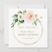 Delicate Roze Witte Bloemen Gouden Sweet Sixteen Save The Date (Voorkant)