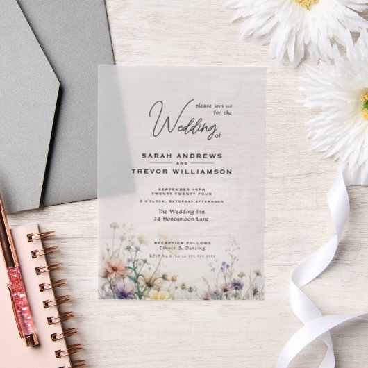 Delicate Rustic Boho Waterverf Wildflowers Vellum Uitnodigingen (Huwelijk)