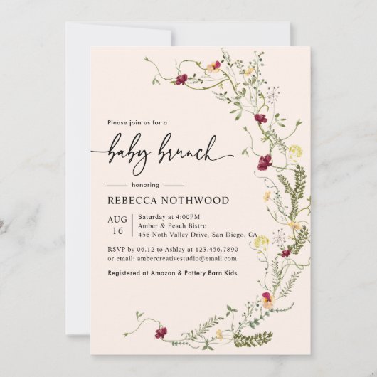 Delicate Rustic Wildflower Baby Brunch Invitation Kaart (Voorkant)