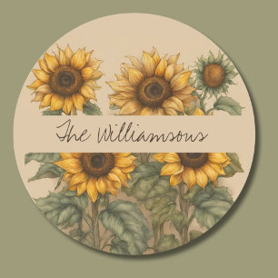Delicate rustieke zonnebloemen monogram ronde sticker