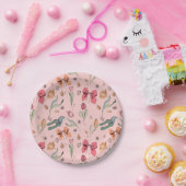 Delicate Schattigee Bloemen Tulpen en Bogen Roze Papieren Bordje (Feest)