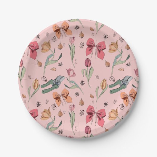 Delicate Schattigee Bloemen Tulpen en Bogen Roze Papieren Bordje (Voorkant)