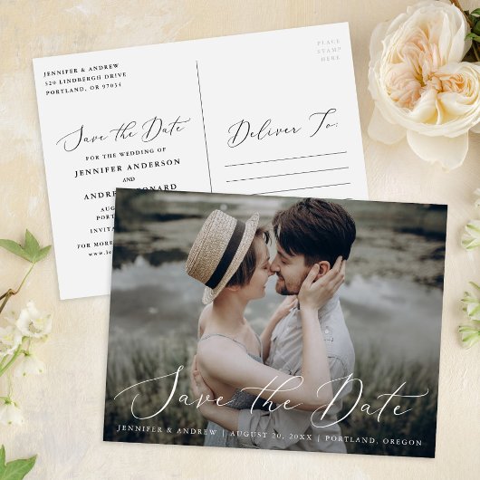 Delicate Script Photo Wedding Sla de datum op Briefkaart