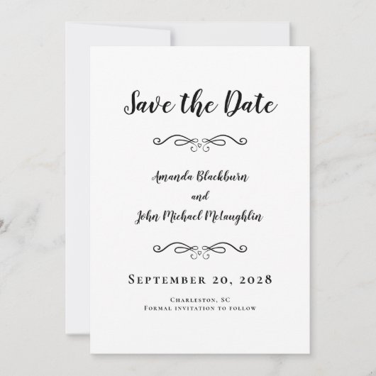 Delicate Script Romantic Calligraphy Black Elegant Save The Date (Voorkant)