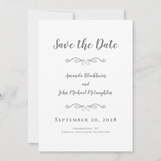 Delicate Script Romantic Calligraphy Gray Save The Date (Voorkant)