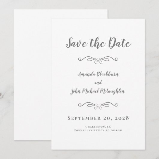 Delicate Script Romantic Calligraphy Gray Save The Date (Voorkant / Achterkant)