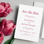 Delicate Script Romantic Calligraphy Magenta Red Save The Date<br><div class="desc">Elegant, delicaat sparen de datumkaarten in mooi magenta rood en wit zijn klassiek, formeel en tijdloos. Met een romantisch ontwerp zonder grenzen kunt u eenvoudig de papieren vorm kiezen voor de aankondiging van uw verloving. Twee decoratieve bloeien die elk één enkel hart bevatten, omhullen de naam van de bruid en...</div>