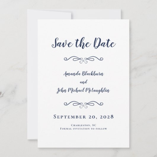 Delicate Script Romantic CalligraphyElegant Blue Save The Date (Voorkant)