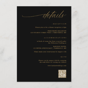 Delicate Script Zwart en Goud Bruiloft Details Informatiekaartje