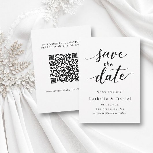 Delicate Script Zwart-wit QR Code Wedding Save The Date