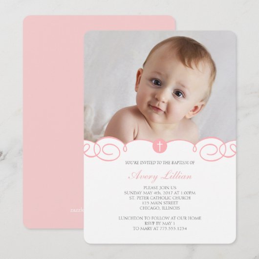 Delicate Scroll Baptism Invitation Kaart (Voorkant / Achterkant)