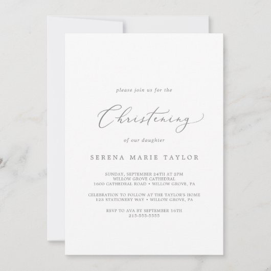Delicate Silver Calligraphy Christening Kaart (Voorkant)
