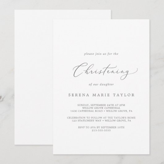 Delicate Silver Calligraphy Christening Kaart (Voorkant / Achterkant)