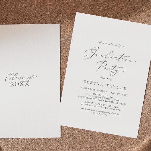 Delicate Silver Calligraphy Graduation Party Kaart