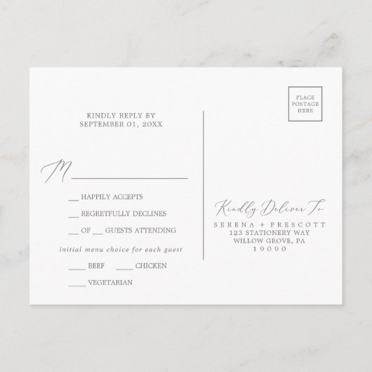 Delicate Silver Calligraphy Menu RSVP Briefkaart (Achterkant)