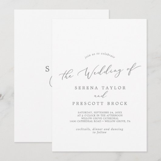 Delicate Silver Calligraphy Monogram Back Wedding Kaart (Voorkant / Achterkant)