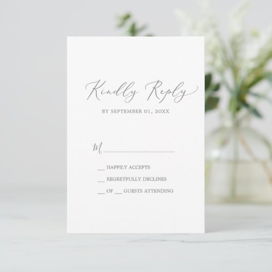 Delicate Silver Calligraphy Simple RSVP Card (Staand voorkant)