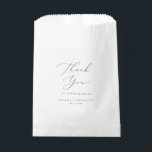 Delicate Silver Calligraphy Thank You Wedding Bedankzakje<br><div class="desc">These delicate silver calligraphy thank you wedding favor bags are perfect for a modern wedding. The romantic minimalist design features lovely and elegant silver gray typography on a white background with a clean and simpele look. Personalize the treat bags with a short thank you message, your names, and the date....</div>