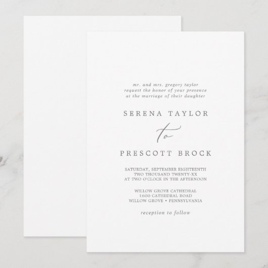 Delicate Silver Calligraphy Traditional Wedding Kaart (Voorkant / Achterkant)