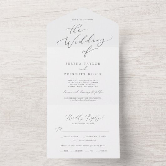 Delicate Silver Calligraphy Wedding All In One Uitnodiging (Binnen)