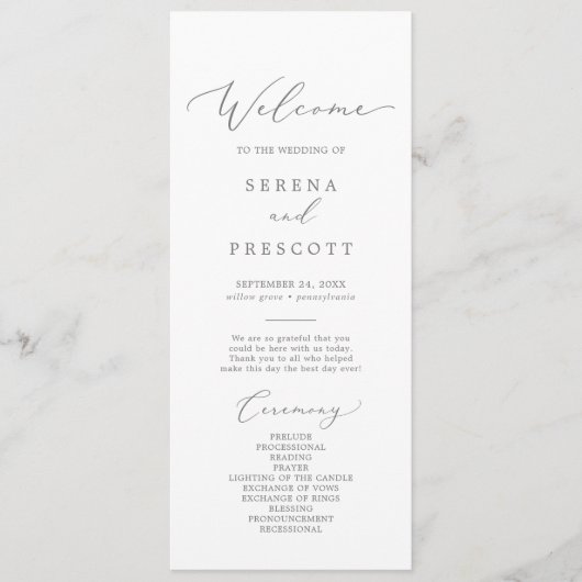 Delicate Silver Calligraphy Wedding Programme Programmakaart (Voorkant)