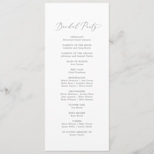 Delicate Silver Calligraphy Wedding Programme Programmakaart (Achterkant)