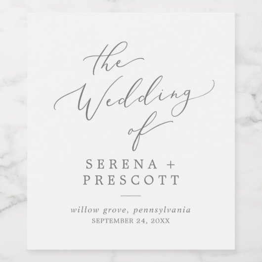 Delicate Silver Calligraphy Wedding Wijn Etiket (Enkel label)