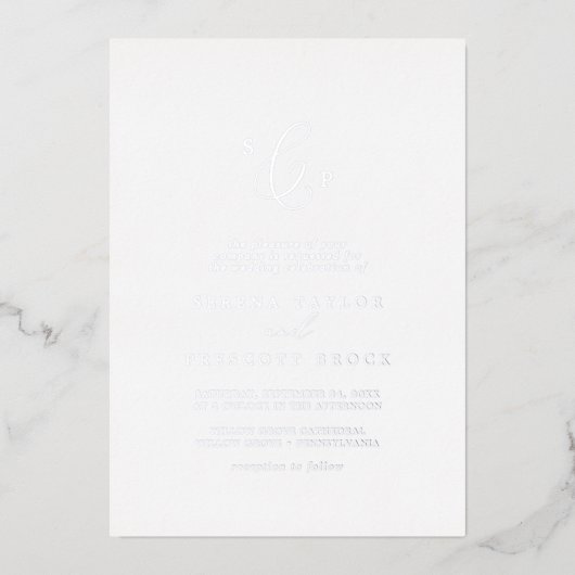 Delicate Silver Foil Formal Monogram Weddenschap Folie Uitnodiging (Voorkant)