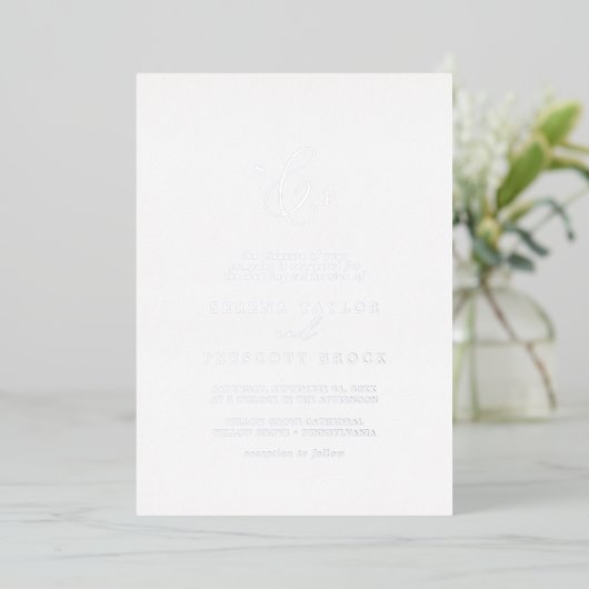Delicate Silver Foil Formal Monogram Weddenschap Folie Uitnodiging (Staand Voorkant)