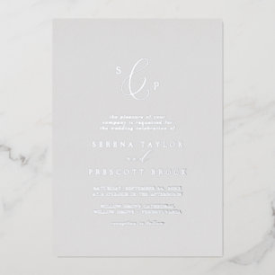 Delicate Silver Foil Grey Formal Monogram Weddensc Folie Uitnodiging