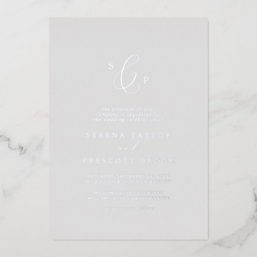 Delicate Silver Foil Grey Formal Monogram Weddensc Folie Uitnodiging (Voorkant)