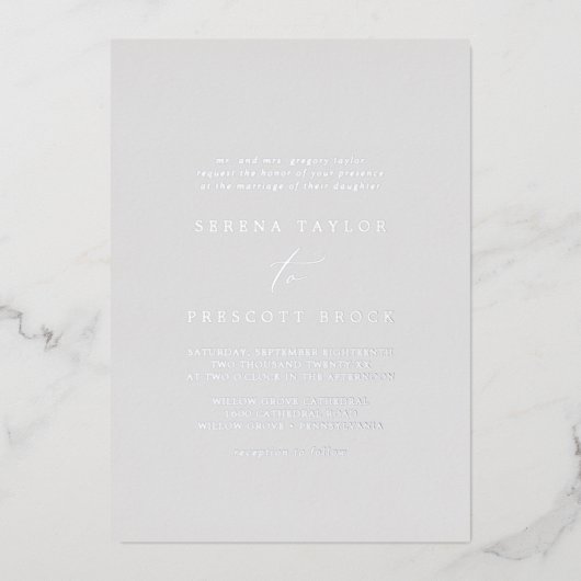 Delicate Silver Foil | Grijs traditioneel huwelijk Folie Uitnodiging (Voorkant)