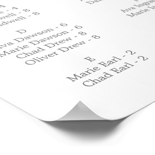 Delicate Silver Horizontal Alphabetical Seating Poster (Hoek)