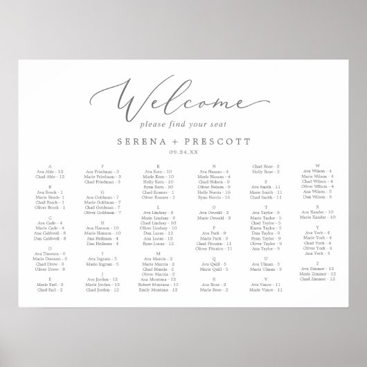 Delicate Silver Horizontal Alphabetical Seating Poster (Voorkant)